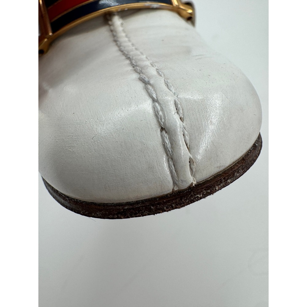 Gucci Vintage White Leather Block Heel Loafers Web Stripe Enamel Pumps IT 34 US4 - Picture 7 of 8